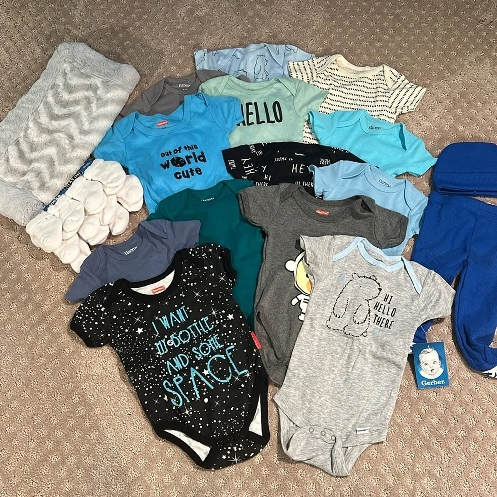 Nike, Hanes, gerber& fisher price assorted baby boy onesies socks, blanket